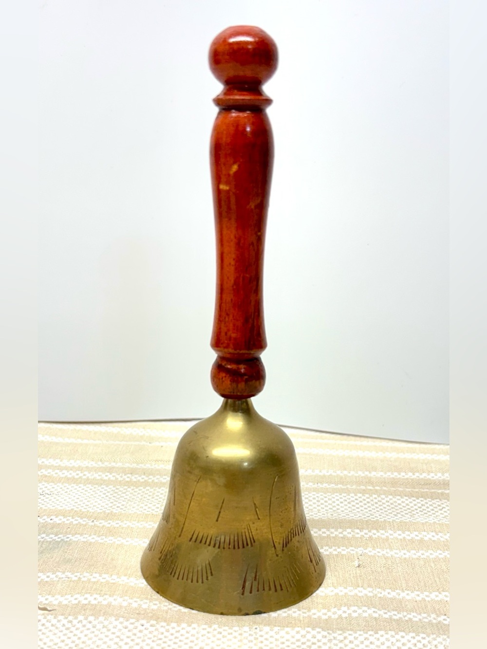 Antique Solid Brass Etched Hand Bell Made In India Red Stained Wood Handle 7.25”